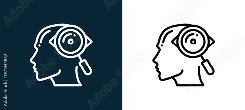 Two-color observation outline icon pair in black and white, editable stroke vector illustration for web, mobile apps, UI design, branding, and print from human mind
