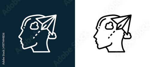 Two-color inspiration outline icon pair in black and white, editable stroke vector illustration for web, mobile apps, UI design, branding, and print from human mind