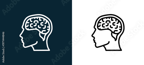 Two-color brain outline icon pair in black and white, editable stroke vector illustration for web, mobile apps, UI design, branding, and print from human mind
