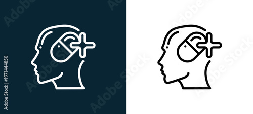 Two-color mental health outline icon pair in black and white, editable stroke vector illustration for web, mobile apps, UI design, branding, and print from human mind