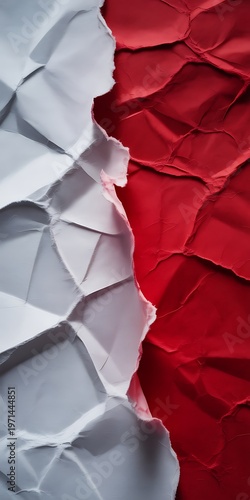 Abstract geometric paper folds in red and white minimalist design