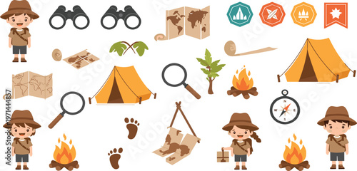Adventure and Camping Icons with Exploration Tools, Maps, Tents, and Campfires Flat Vector Illustration Set