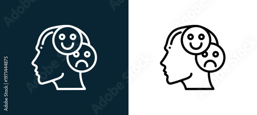 Two-color bipolar outline icon pair in black and white, editable stroke vector illustration for web, mobile apps, UI design, branding, and print from human mind