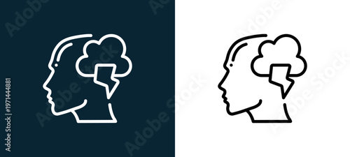 Two-color anger outline icon pair in black and white, editable stroke vector illustration for web, mobile apps, UI design, branding, and print from human mind