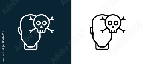 Two-color death outline icon pair in black and white, editable stroke vector illustration for web, mobile apps, UI design, branding, and print from human mind