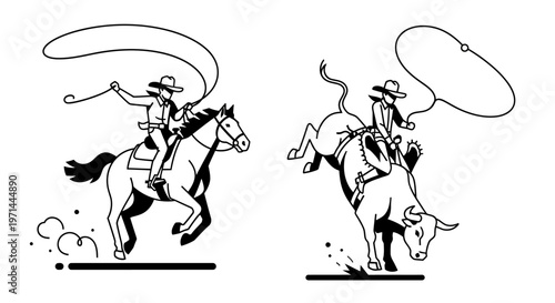 Cowboy riding horse with lasso rope.