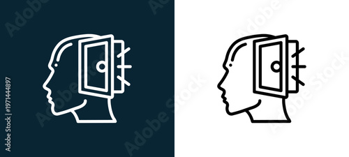Two-color open mind outline icon pair in black and white, editable stroke vector illustration for web, mobile apps, UI design, branding, and print from human mind