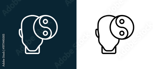 Two-color balance outline icon pair in black and white, editable stroke vector illustration for web, mobile apps, UI design, branding, and print from human mind