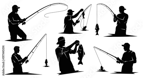 Silhouettes of men fishing outdoors recreationally.