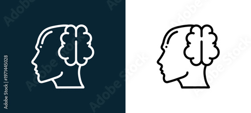 Two-color brain outline icon pair in black and white, editable stroke vector illustration for web, mobile apps, UI design, branding, and print from human mind