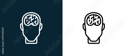 Two-color brain outline icon pair in black and white, editable stroke vector illustration for web, mobile apps, UI design, branding, and print from human mind