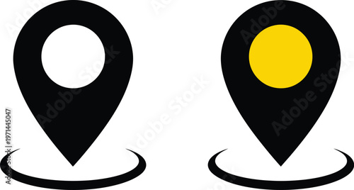 Location pin icons featuring black markers with circular symbols designed as a flat vector graphic for digital map navigation usage