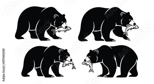 Two pairs of black bears each holding a freshly caught fish
