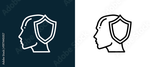Two-color shield outline icon pair in black and white, editable stroke vector illustration for web, mobile apps, UI design, branding, and print from human mind