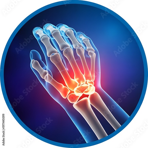 3D medical illustration of glowing human hand bones with blue and orange lighting effect