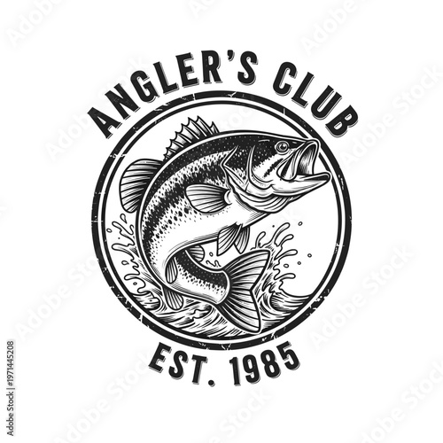 Anglers Club Est 1985 Fishing Emblem Bass Fish Jumping Out Water Vintage Style
