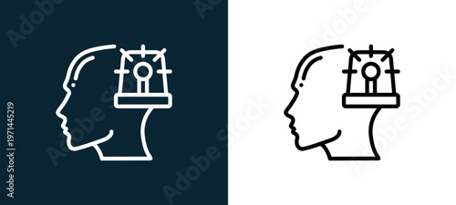 Two-color anxiety outline icon pair in black and white, editable stroke vector illustration for web, mobile apps, UI design, branding, and print from human mind