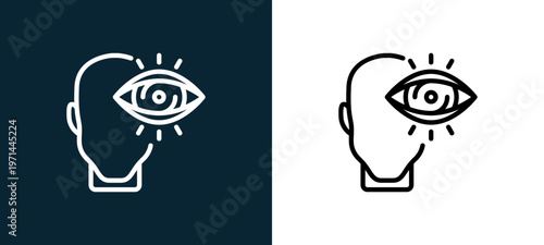 Two-color vision outline icon pair in black and white, editable stroke vector illustration for web, mobile apps, UI design, branding, and print from human mind