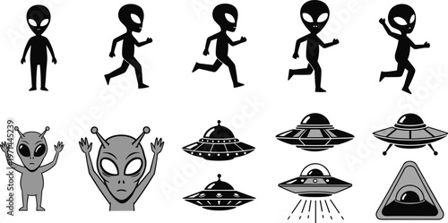 Cartoon aliens silhouettes walking running poses with UFO flying saucers extraterrestrial beings sci fi fantasy illustration vector art design