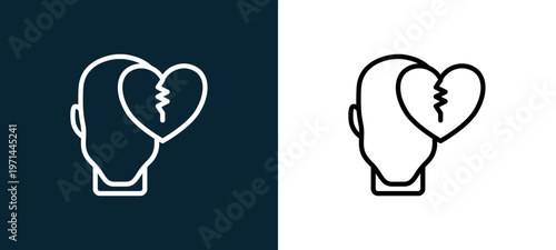 Two-color broken heart outline icon pair in black and white, editable stroke vector illustration for web, mobile apps, UI design, branding, and print from human mind