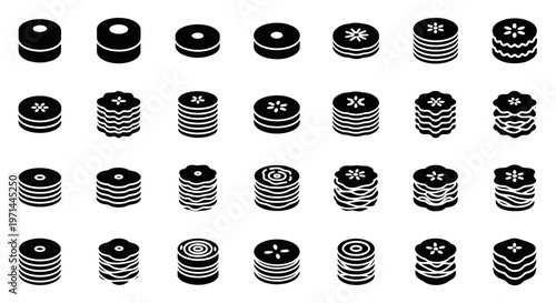 Black and white stack icons, 25 stackable disk graphics, monochrome symbols, vector illustration