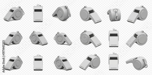 Set of gray plastic whistles in various angles and views, isolated on transparent background, for sports, coaching, and safety.
