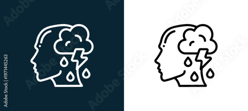 Two-color depression outline icon pair in black and white, editable stroke vector illustration for web, mobile apps, UI design, branding, and print from human mind