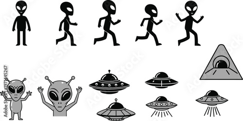 Cartoon aliens walking running sequence with UFO spaceships extraterrestrial beings sci fi fantasy illustration set isolated vector art design