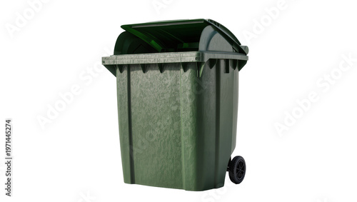 Dark green plastic wheeled garbage bin with open lid, isolated on transparent background