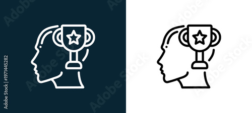 Two-color triumph outline icon pair in black and white, editable stroke vector illustration for web, mobile apps, UI design, branding, and print from human mind