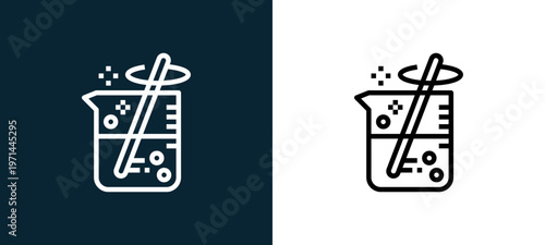 Two-color beaker outline icon pair in black and white, editable stroke vector illustration for web, mobile apps, UI design, branding, and print from science