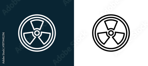 Two-color biohazard outline icon pair in black and white, editable stroke vector illustration for web, mobile apps, UI design, branding, and print from science