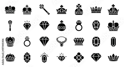 Royal crowns, jewels, and rings, black icons set, 25 luxury symbols, vector graphics