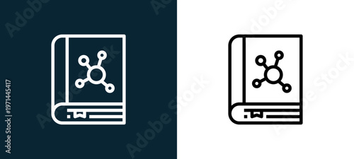 Two-color book outline icon pair in black and white, editable stroke vector illustration for web, mobile apps, UI design, branding, and print from science