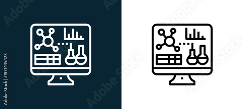 Two-color analytics outline icon pair in black and white, editable stroke vector illustration for web, mobile apps, UI design, branding, and print from science