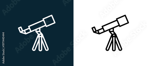 Two-color telescope outline icon pair in black and white, editable stroke vector illustration for web, mobile apps, UI design, branding, and print from science