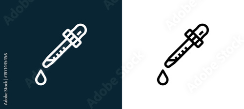 Two-color dropper outline icon pair in black and white, editable stroke vector illustration for web, mobile apps, UI design, branding, and print from science