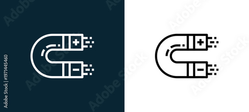 Two-color magnet outline icon pair in black and white, editable stroke vector illustration for web, mobile apps, UI design, branding, and print from science
