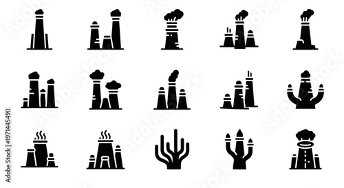 Industrial factory icons, industrial buildings, smokestack silhouettes, factory chimneys, industrial landscape