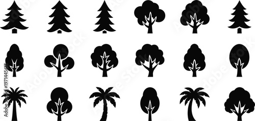 Collection of black silhouette of various trees and pine trees tree pine tree palm tree silhouette black and white