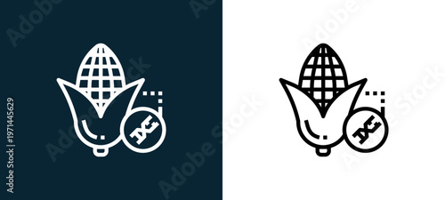 Two-color gmo outline icon pair in black and white, editable stroke vector illustration for web, mobile apps, UI design, branding, and print from science