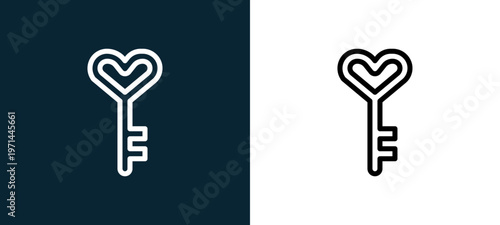 Two-color key outline icon pair in black and white, editable stroke vector illustration for web, mobile apps, UI design, branding, and print from love