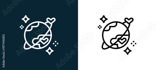 Two-color universe outline icon pair in black and white, editable stroke vector illustration for web, mobile apps, UI design, branding, and print from love