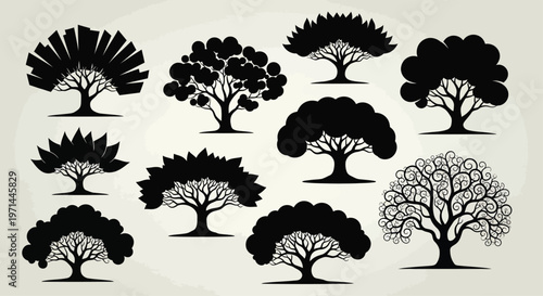 Collection of ten stylized black tree silhouettes with varied foliage shapes on a textured light background