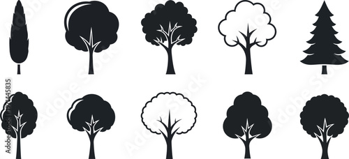 Collection of ten stylized tree in black and white tree silhouette nature plant deciduous tree