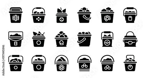 Black bucket icons, industrial symbol set, 20 waste management graphics, trash can illustrations, vector dumpster signs