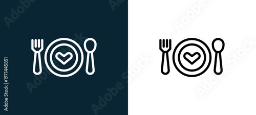 Two-color dinner outline icon pair in black and white, editable stroke vector illustration for web, mobile apps, UI design, branding, and print from love