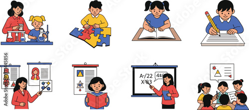 Educational Activities for Kids Set Featuring Puzzle Solving, Writing, Science Experiments, and Classroom Illustrations for Children’s Learning