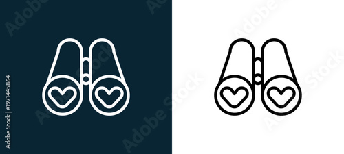 Two-color binoculars outline icon pair in black and white, editable stroke vector illustration for web, mobile apps, UI design, branding, and print from love
