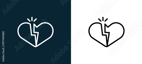Two-color heartbreak outline icon pair in black and white, editable stroke vector illustration for web, mobile apps, UI design, branding, and print from love